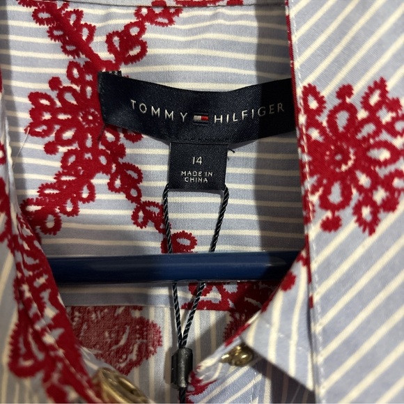 Tommy Hilfiger Cotton Shirt Dress Blue White Stripe Red Floral Size 14 Fall Dres - Picture 5 of 6
